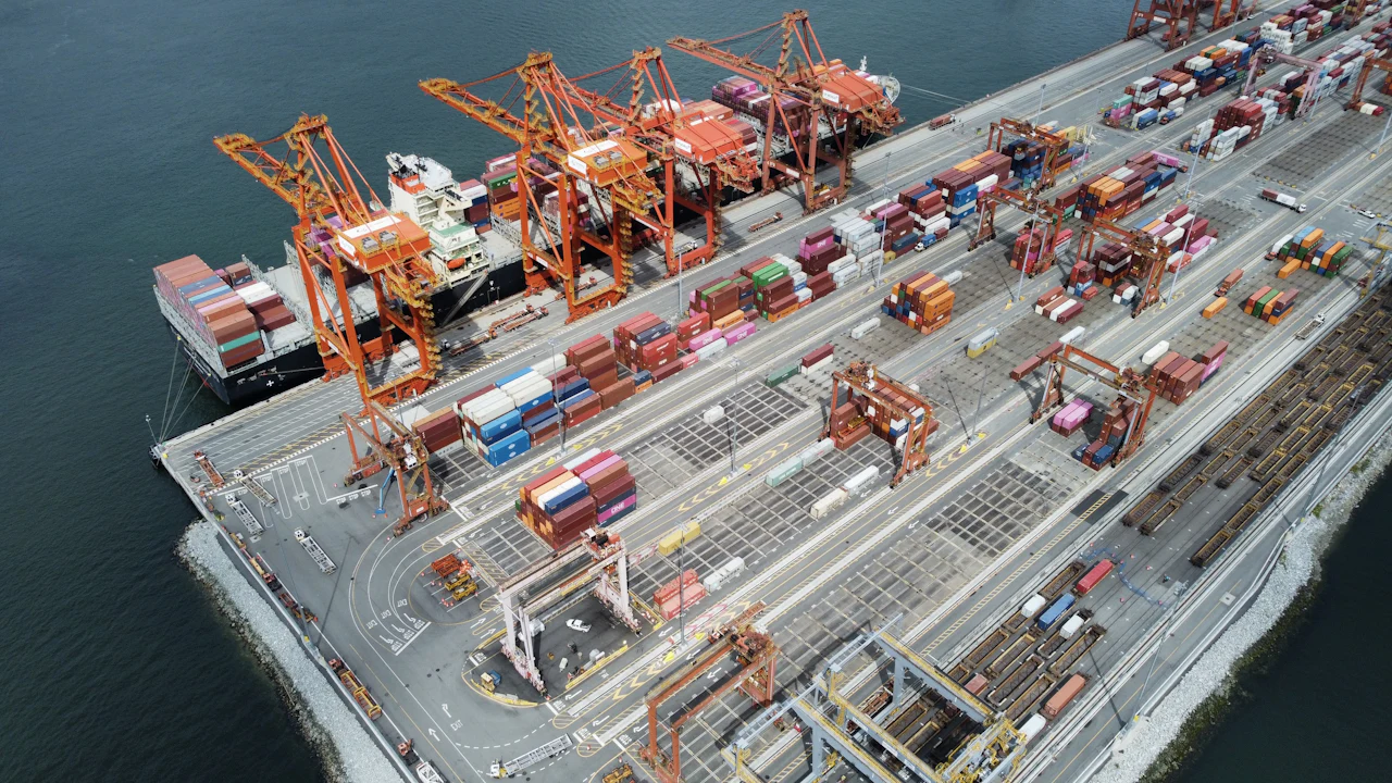 Container ship and cranes at the port of Vancouver, Canada